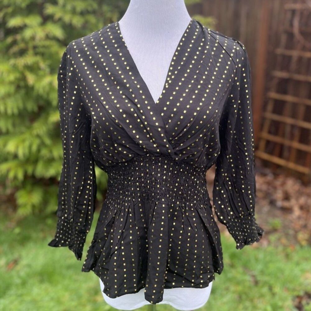 Harve Bernard Black Blouse with Gold Foil – Size Small – NWT